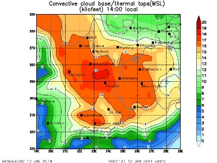 Meteokaartje met de convectiehoogten boven ZuidAfrika