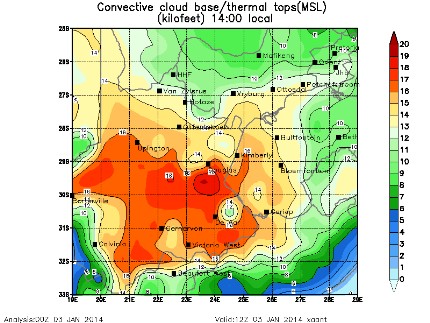 Meteo kaartje van convectiehoogten ZuidAfrika